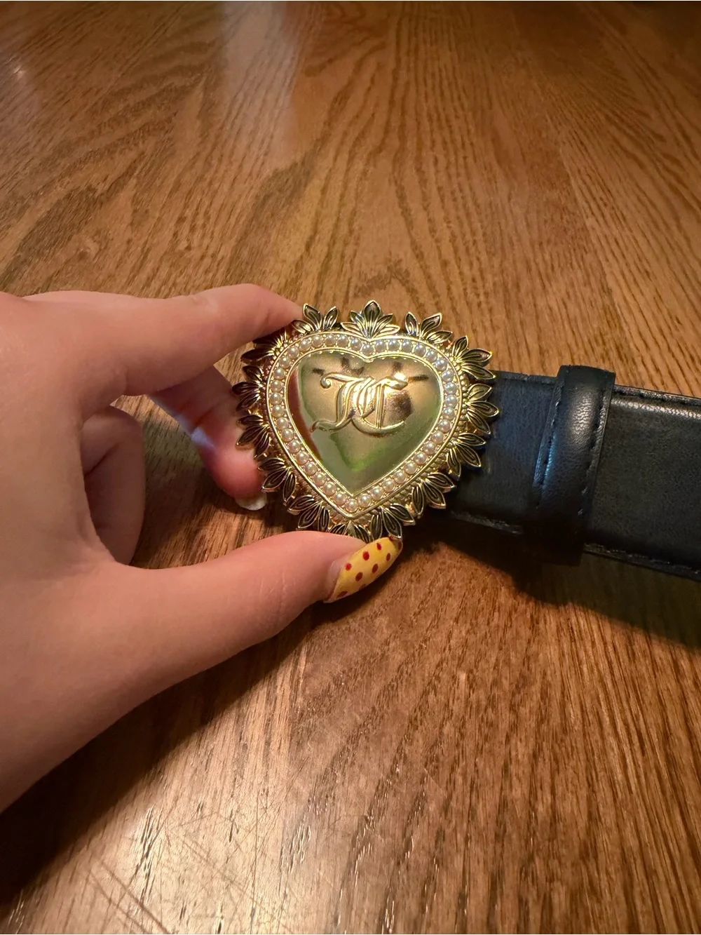 Juicy Couture Gold Heart Medallion Black Leather Belt